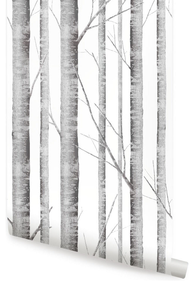 Birch Tree Peel and Stick Vinyl Wallpaper, Gray, 24" X 60"