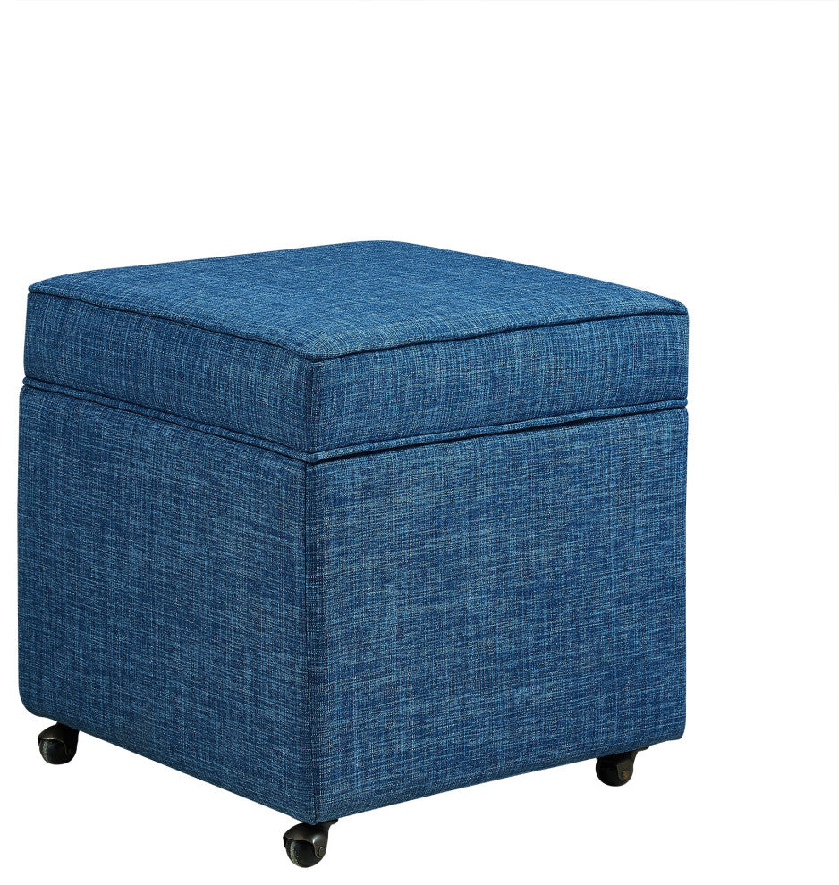 Lionel Linen Hidden Storage Castered Legs Ottoman Cube, Blue