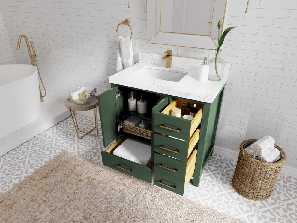 Malibu 36 Left Offset Bath Vanity in Lafayette Green 2" White Quartz