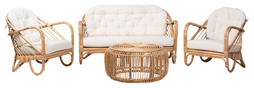 Aliane Modern Bohemian Natural Brown Antique Rattan 4-Piece Living Room Set