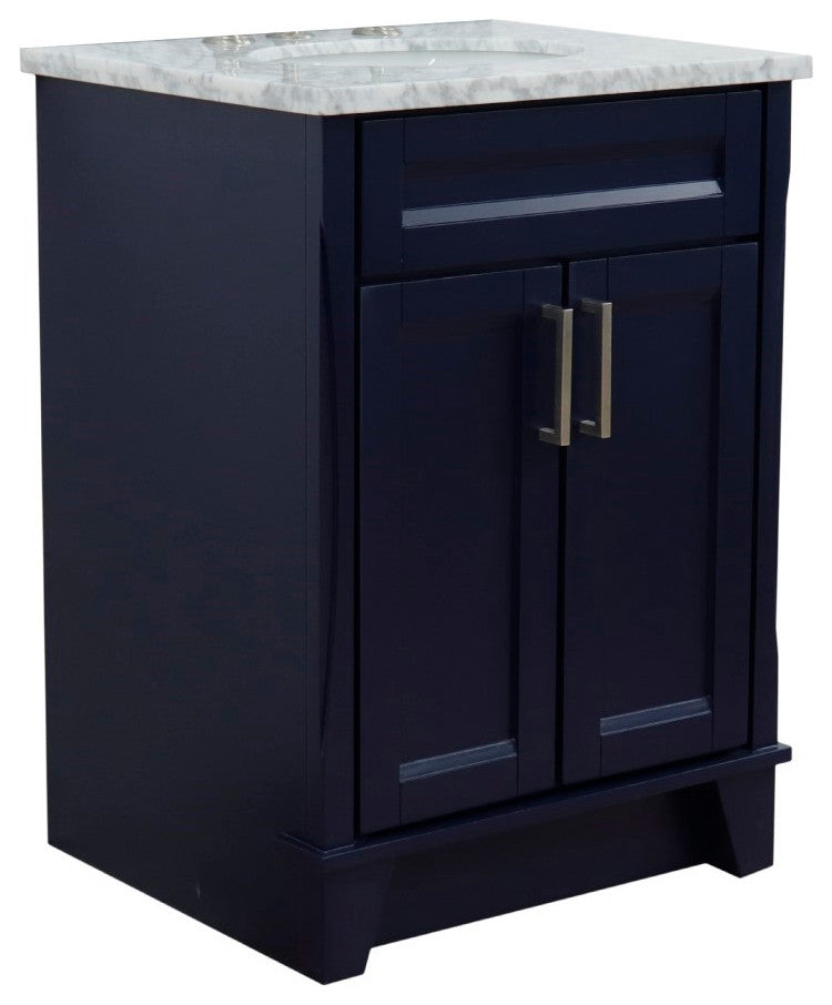 25" Single Sink Vanity, Blue Finish With White Carrara Marble And Oval Sink