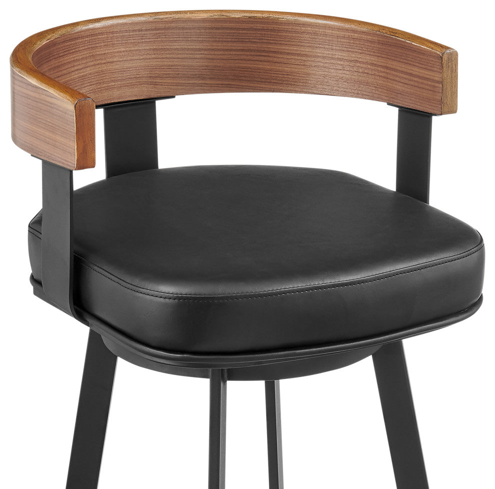 Idris Swivel Stool, Black/Walnut Finish & Black Faux Leather, Bar, 30"