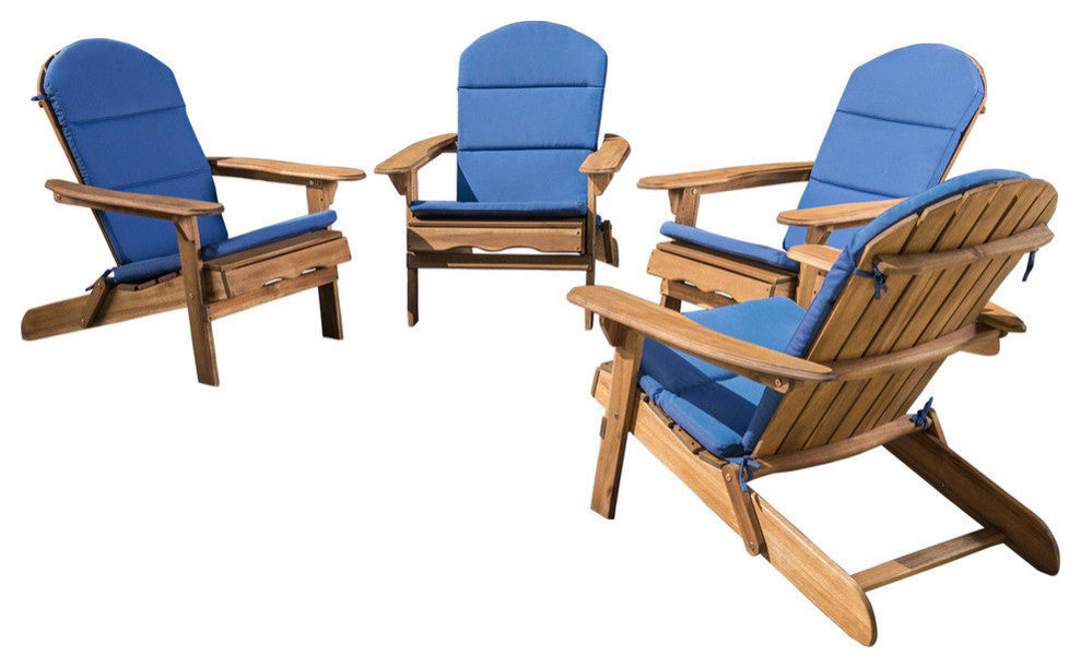 Malibu Outdoor Acacia Folding Adirondack Chairs and Cushion, Set of 4, Navy Blue