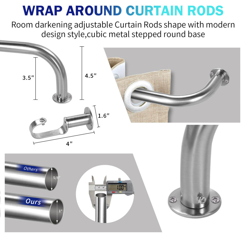 Energy Saving Wrap Around Black Out Return Adjustable Window Curtain Metal Rod, Brushed Steel, 84"-120"