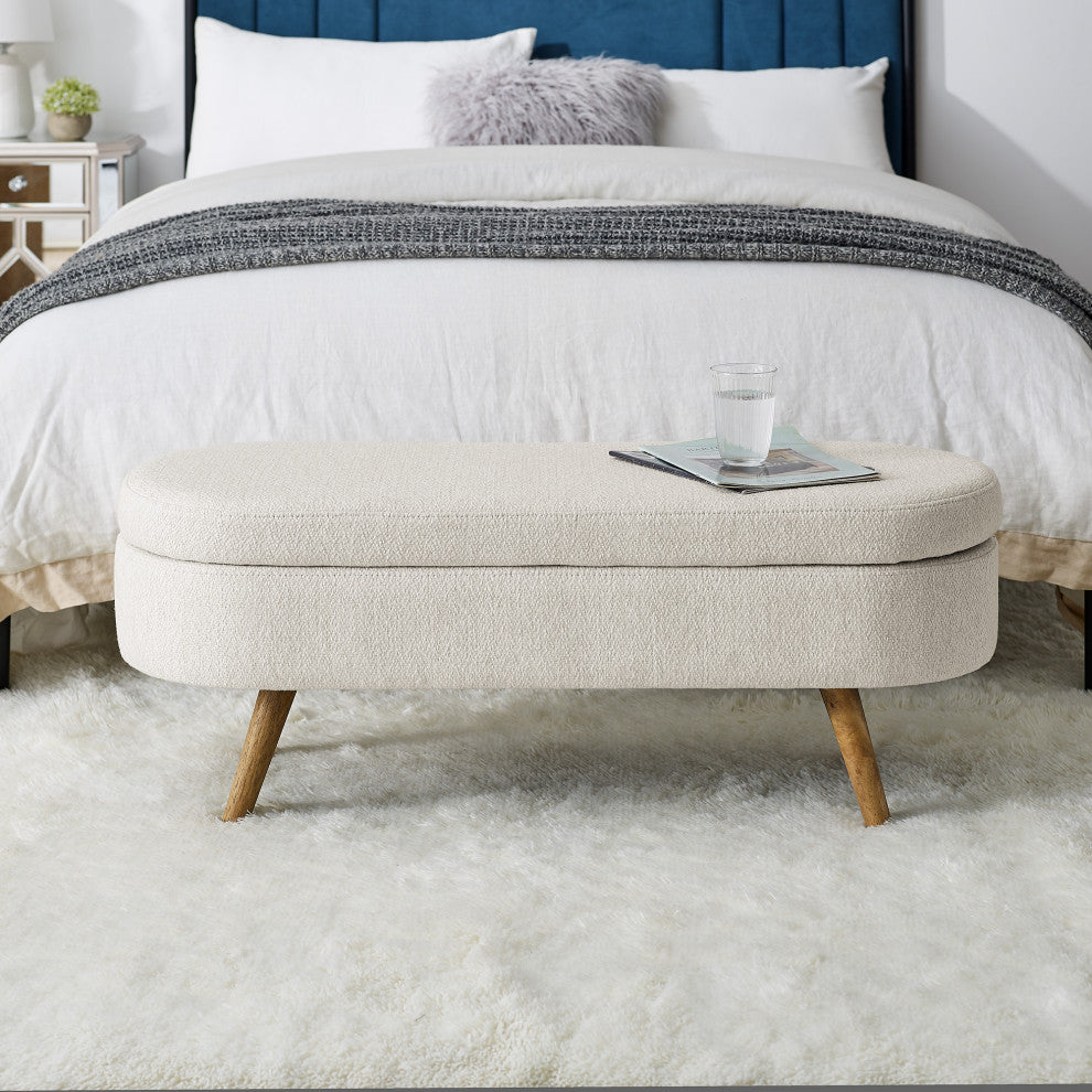 TATEUS Ottoman Oval Storage Bench, Rubber Wood Legs, Beige