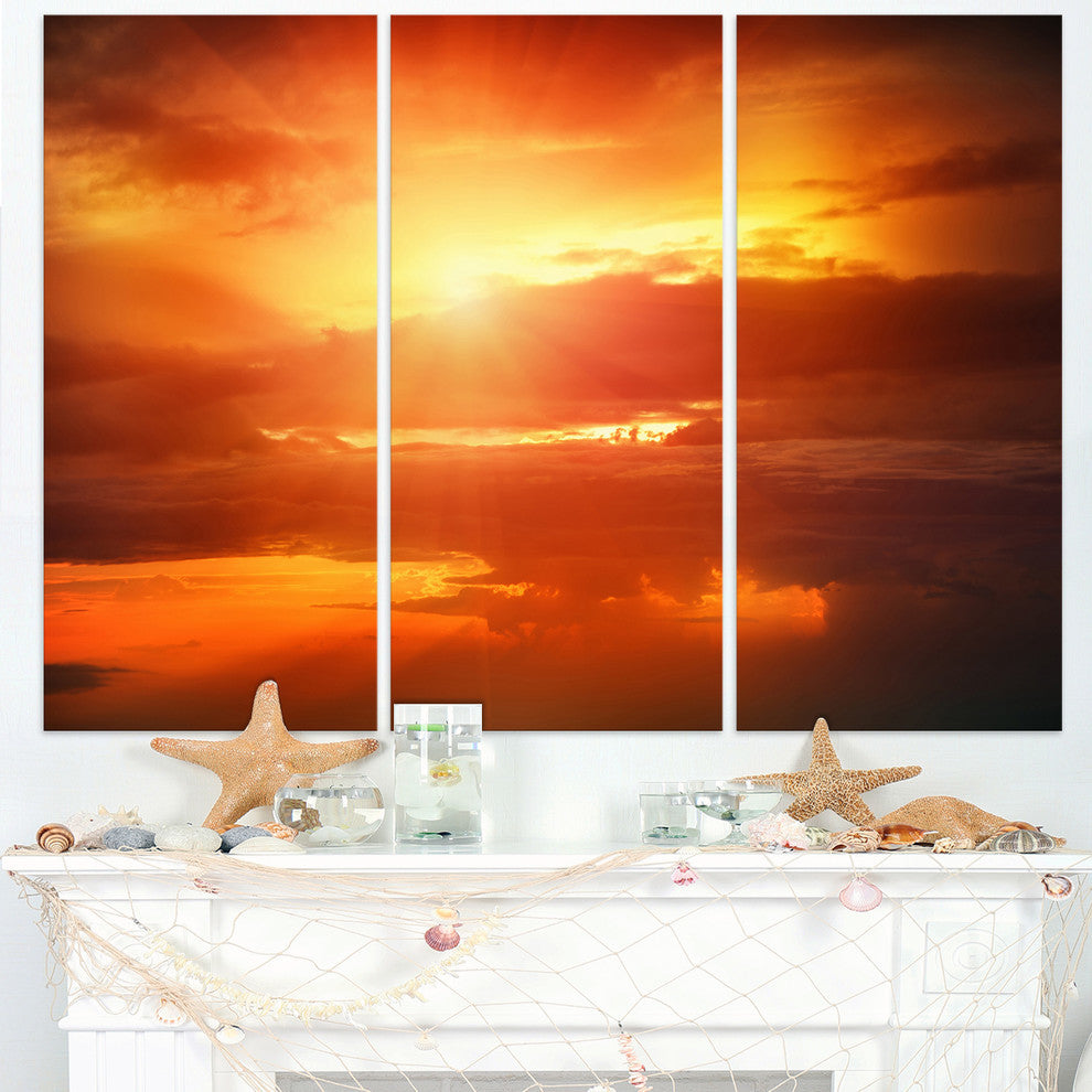 "Yellow Sunset Above Clouds" Oversized Beach Metal Wall Art, 3 Panels, 36"x28"