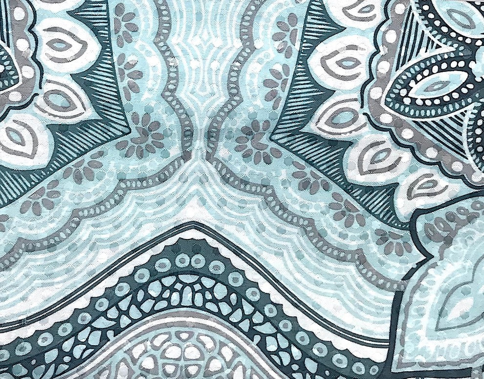 Teal Aqua Fabric Shower Curtain, Floral Gems Mandala Print with Geometric Border