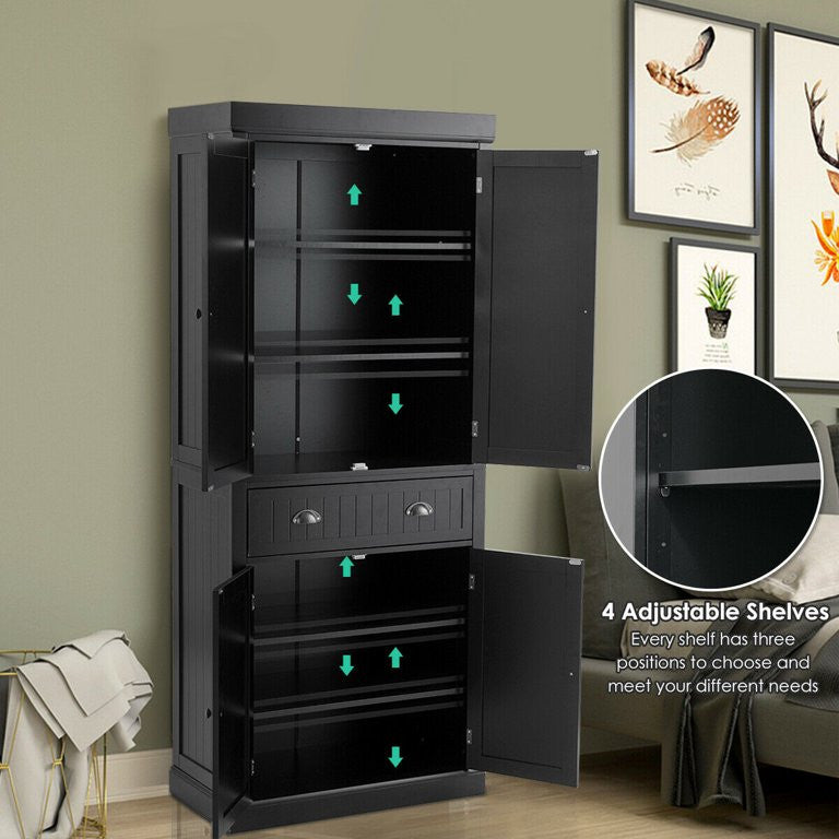 Classic Pantry Cabinet, 2 Large Doors With Drawer & Adjustable Shelves, Black