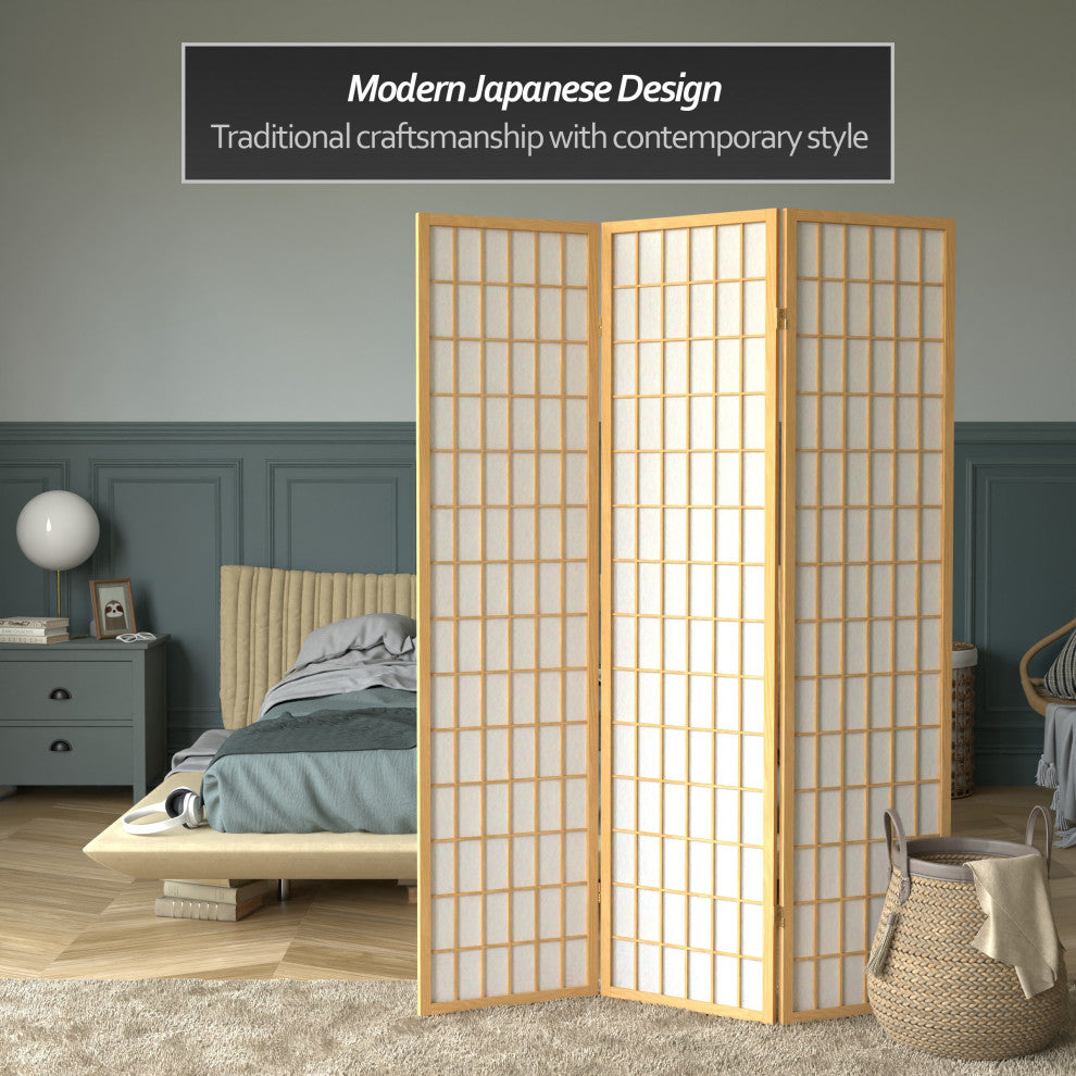 6' Tall Window Pane Shoji Screen, Natural, 3 Panels