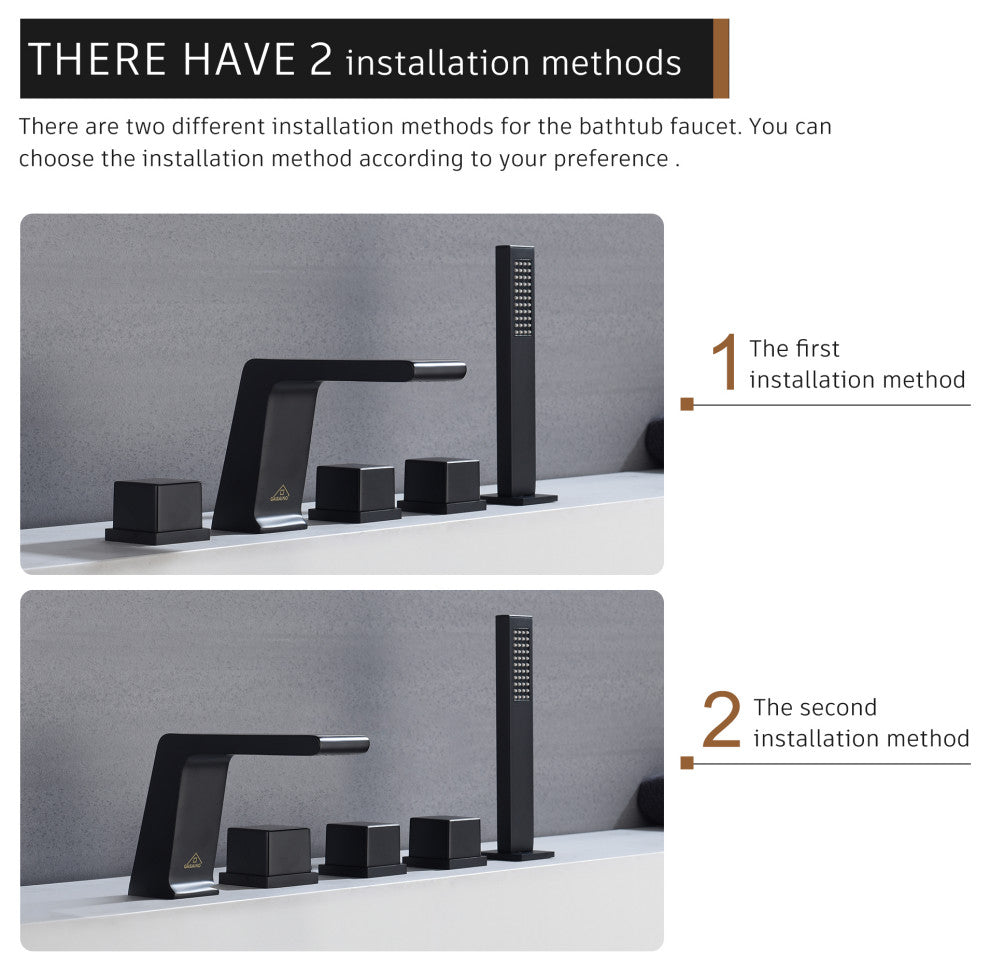 CASAINC Roman 5 Hole Waterfall Faucet Set with Bathtub Handheld Shower Head, Matte Black