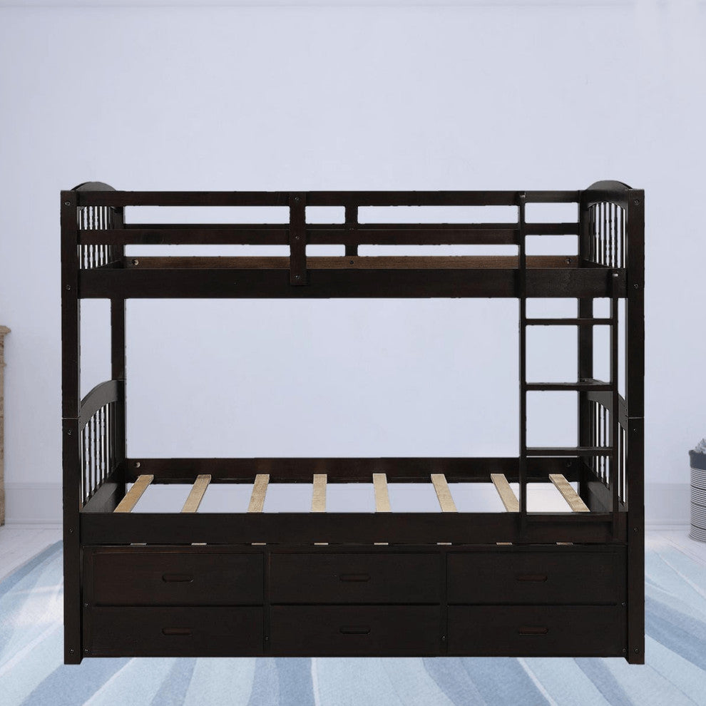 Twin over Twin Wood Bunk Bed Trundle Drawers Espresso