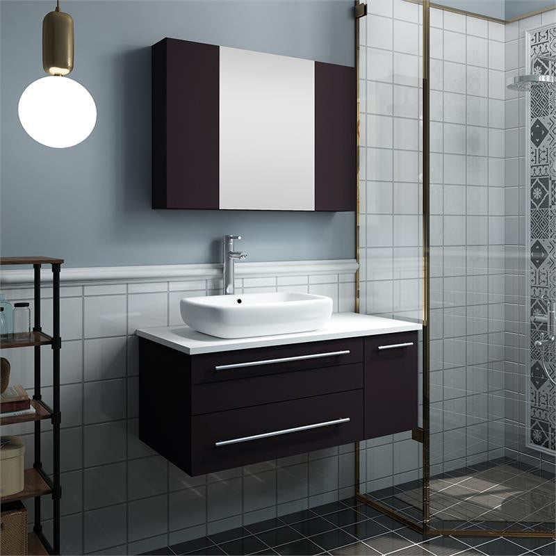 Fresca Lucera 36" Wall Hung Bathroom Vanity w/ Medicine Cabinet, Espresso, Vesse