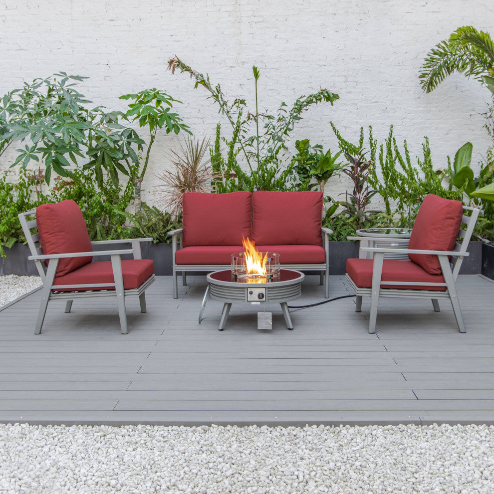 LeisureMod Walbrooke Patio Sofa Set With Round Fire Pit Table, Red