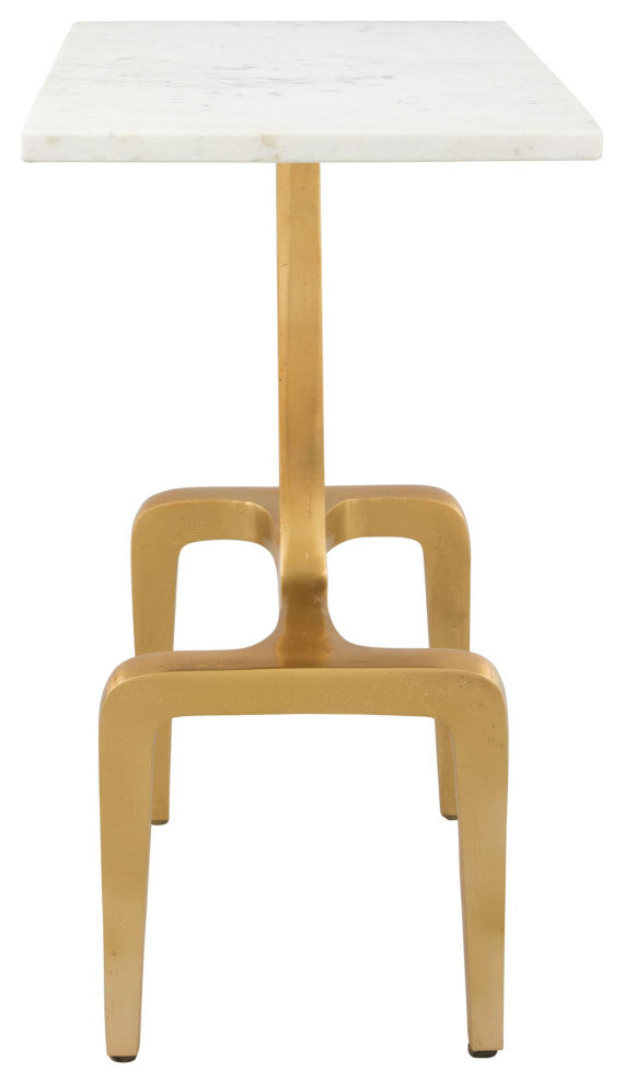 Sofa Side Table, Rectangular, Artificial Marble, Aluminum Metal, White, Gold