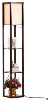 Brightech Maxwell - Modern LED Shelf Floor Lamp - Skinny End Table & Nightstand, Walnut Brown