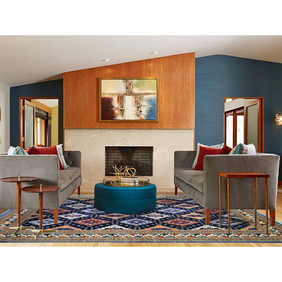 Blue Afghan Ersari With Large Elements Soft Wool Hand Knotted Rug, 9'2"x11'10"