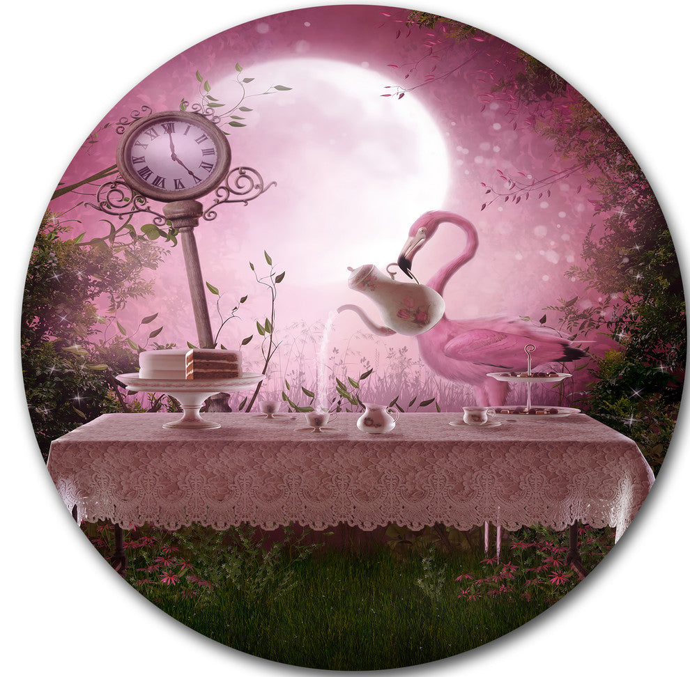 Fantasy Garden With A Flamingo, Landscape Large Disc Metal Artwork, 11"