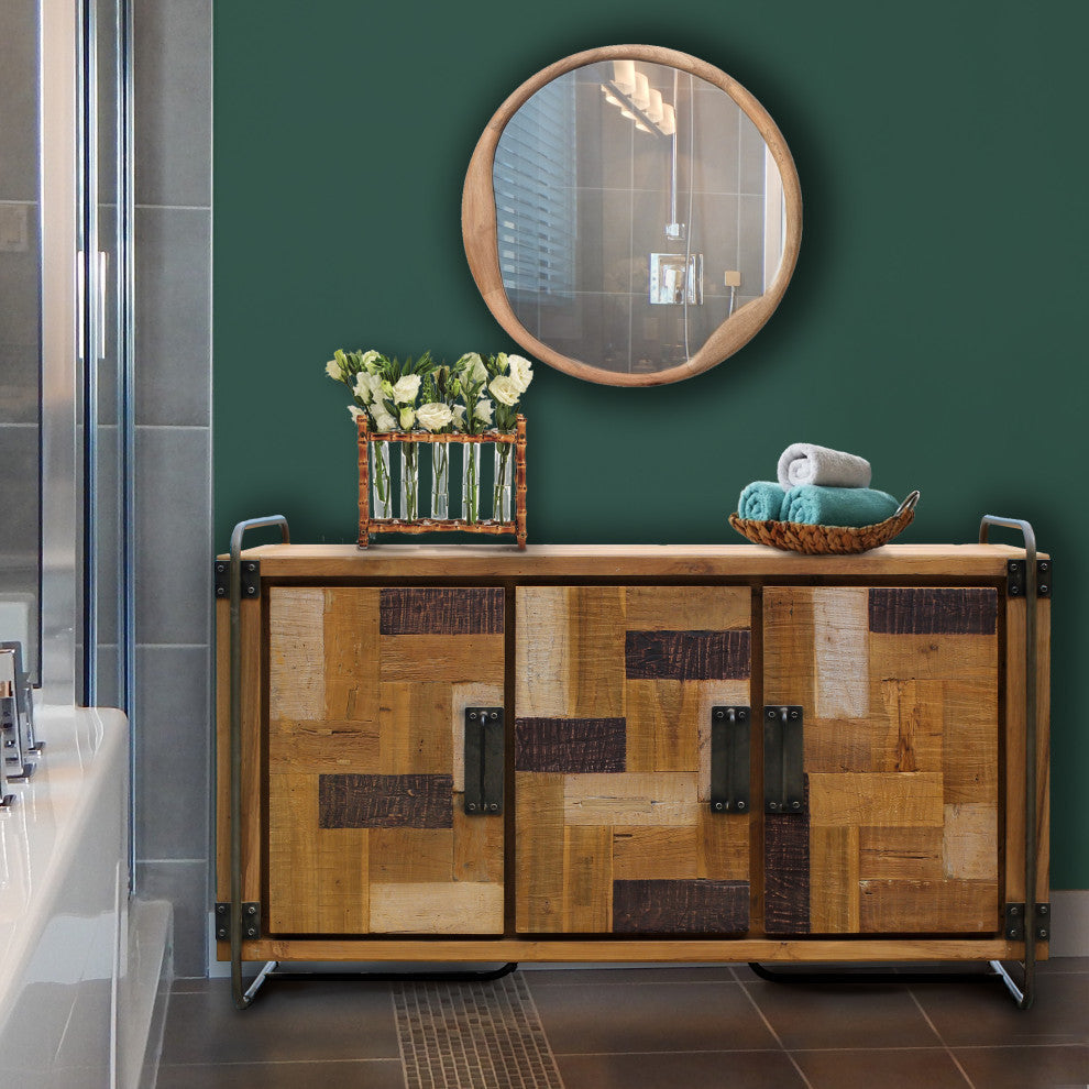 Recycled Teak Wood Katari Bathroom Linen Cabinet With 3 Doors