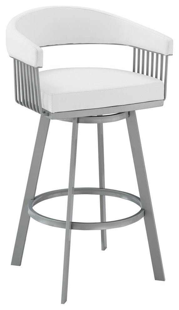 Chelsea 26" Swivel Bar Stool in Silver Finish and White Faux Leather