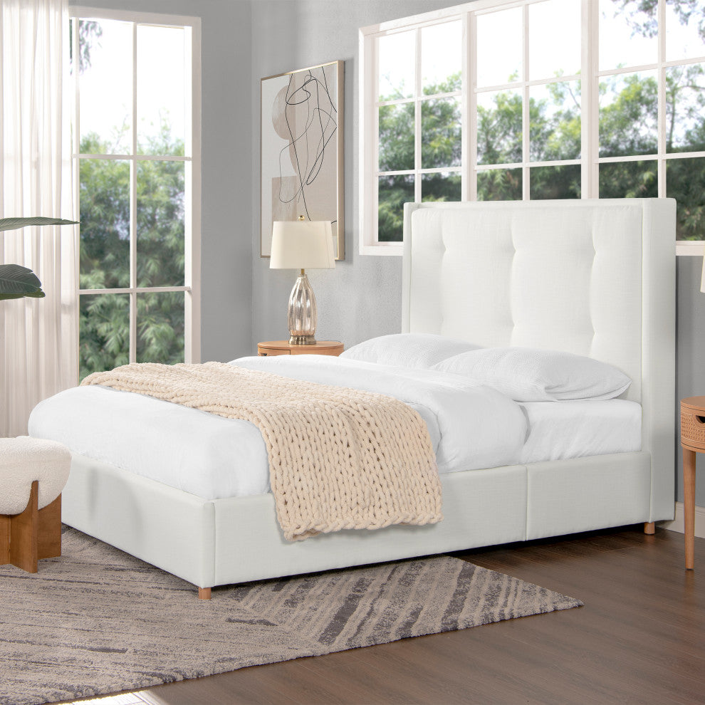 Miramar Cushion-Back Headboard Platform Bed Frame, Antique White Polyester, Queen