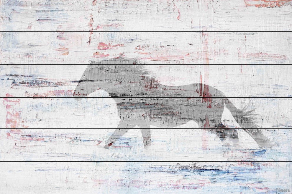 "Grey Horse Trot" Painting Print on White Wood, 45"x30"