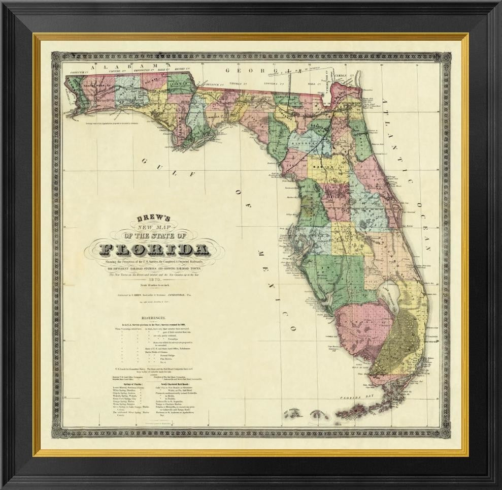 "New Map of The State of Florida, 1870"  by Columbus Drew, 26x26"