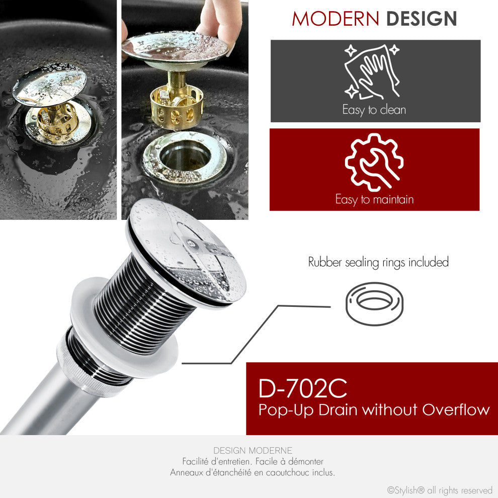 STYLISH Polished Chrome Pop-Up Bathroom Sink Drain without Overflow