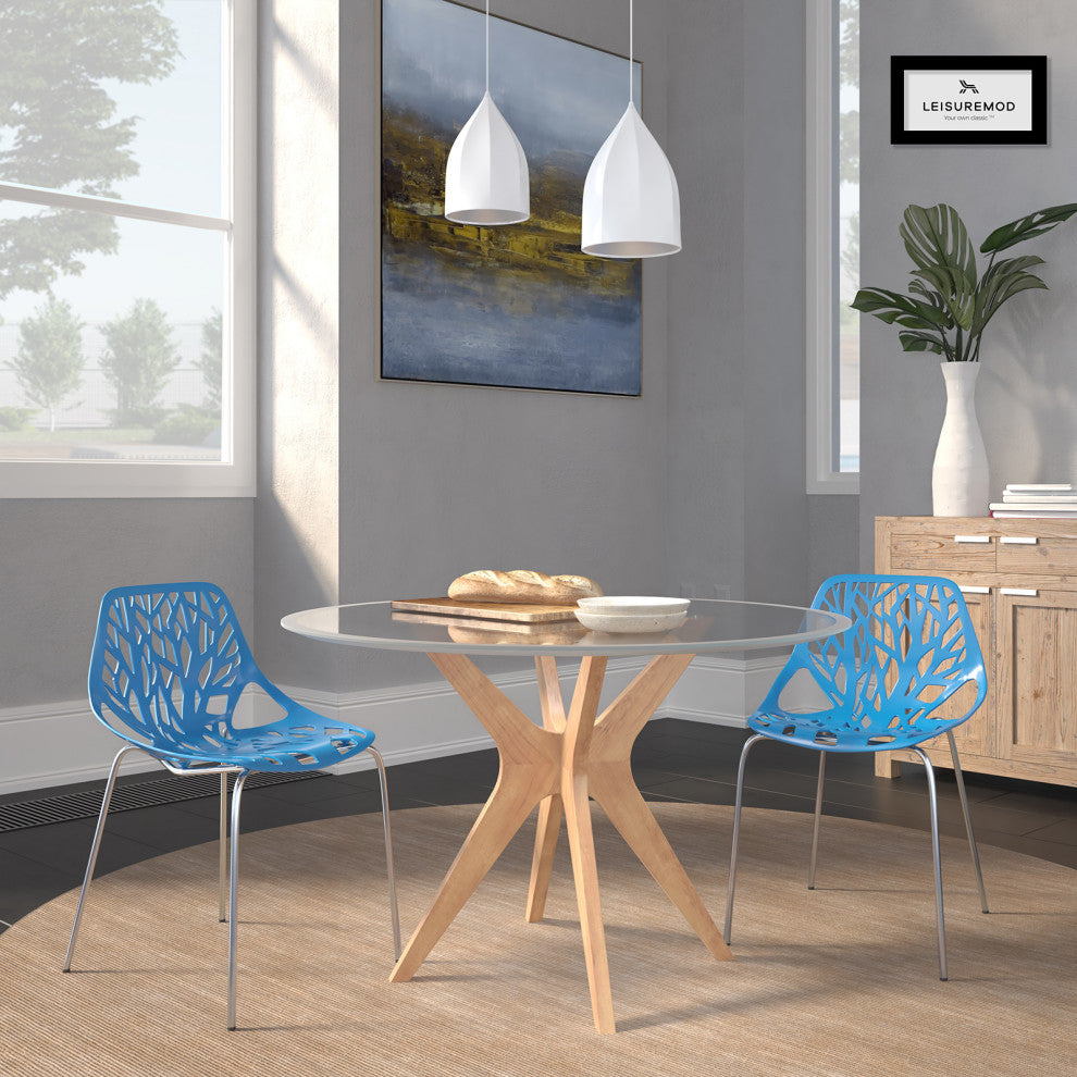 Leisuremod Asbury Plastic Stackable Dining Chair With Chromed Legs, Set of 2, Blue