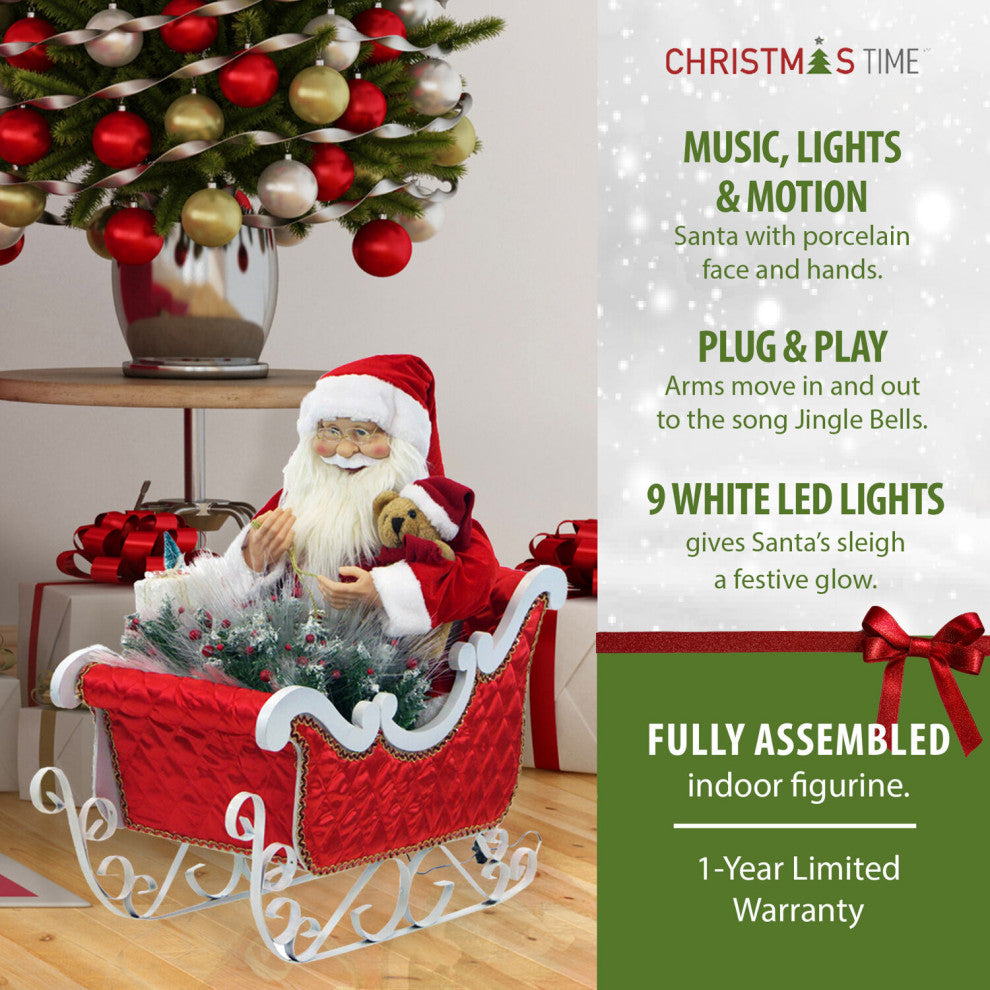 28" Music, Lights, and Motion Animated Santa Claus, his Sleigh, Home Decor