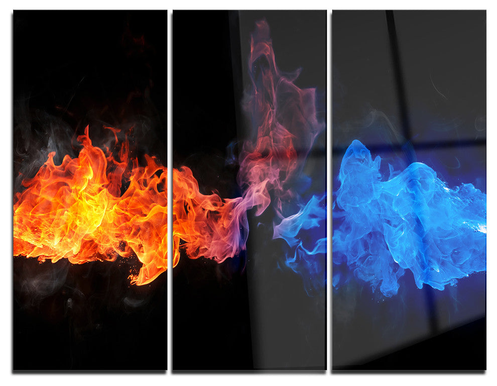 "Blue and Red Fire" Glossy Metal Wall Art, 3 Panels, 36"x28"