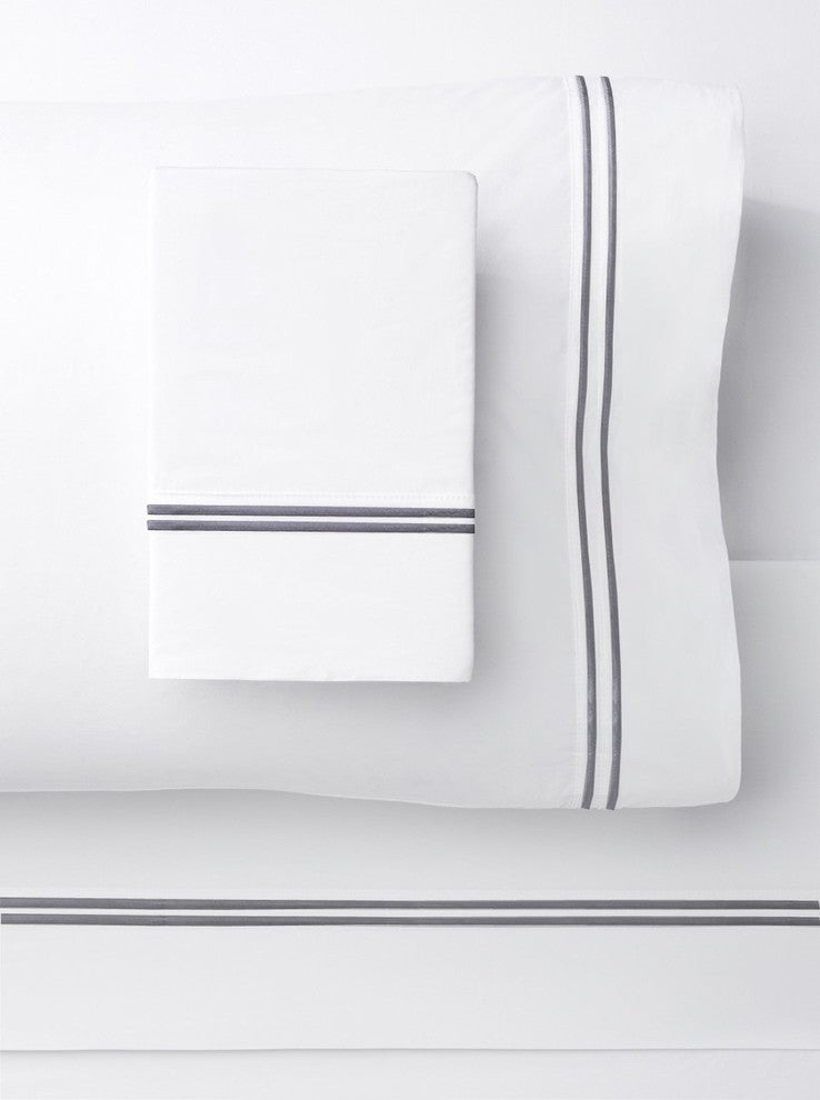 1000 Thread Count 2 Stripe Embroidery Sheet Set, Dark Grey on White, Full Sheet
