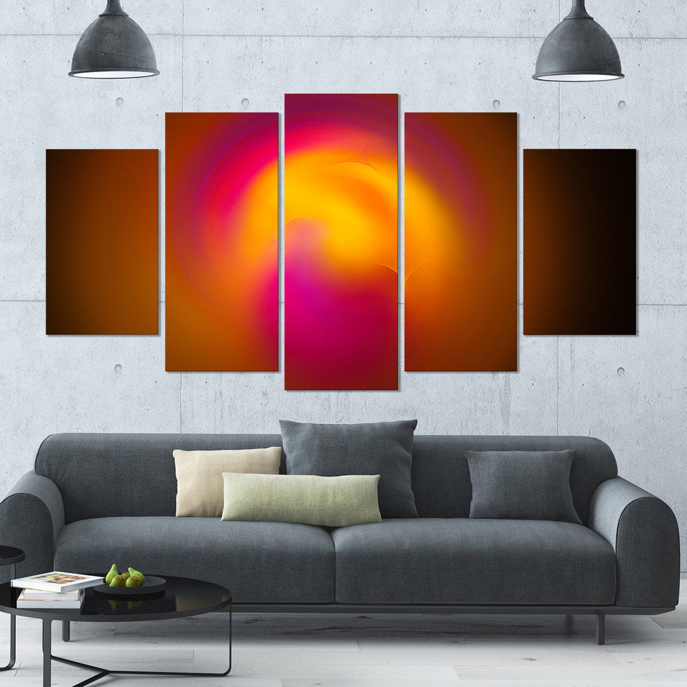 Yellow Pink Misty Sphere on Black, Abstract Canvas Art Print, 60"x32", 5 Panels