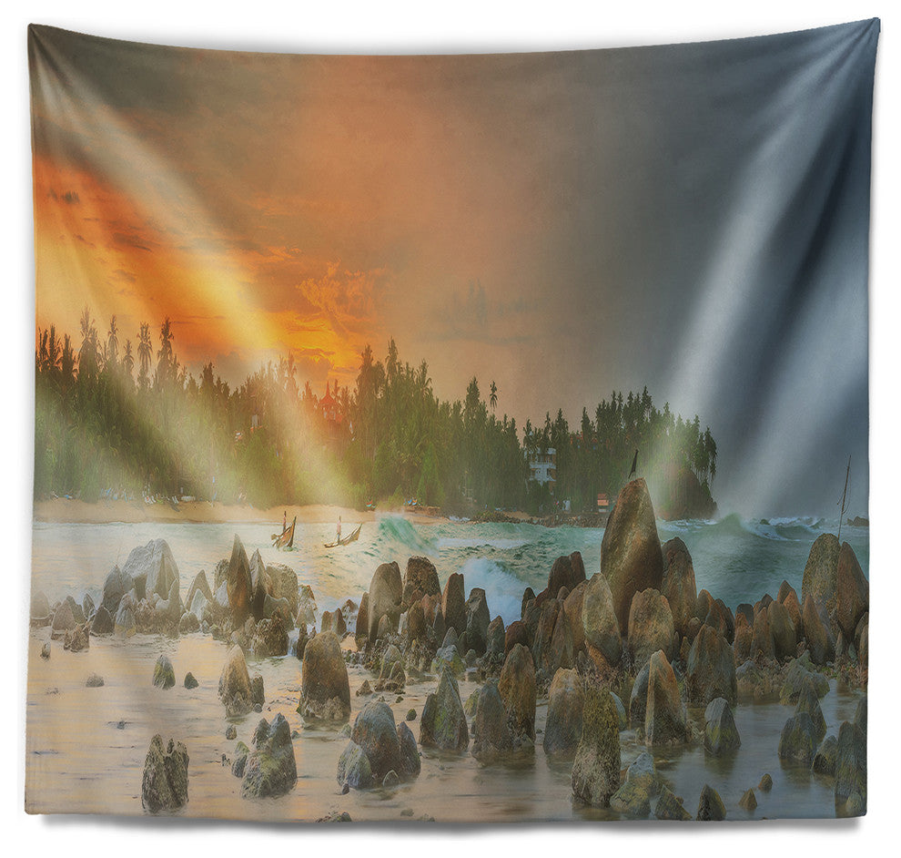 Untouched Tropical Beach Panorama Landscape Wall Tapestry, 80"x68"