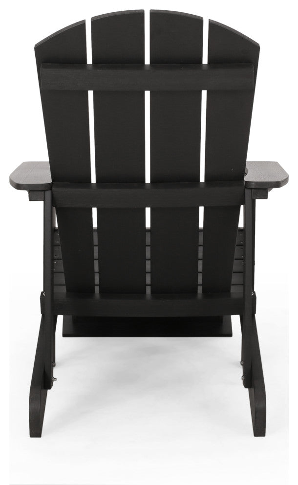 Ulises Outdoor Faux Wood Adirondack Chair With Retractable Ottoman, Black
