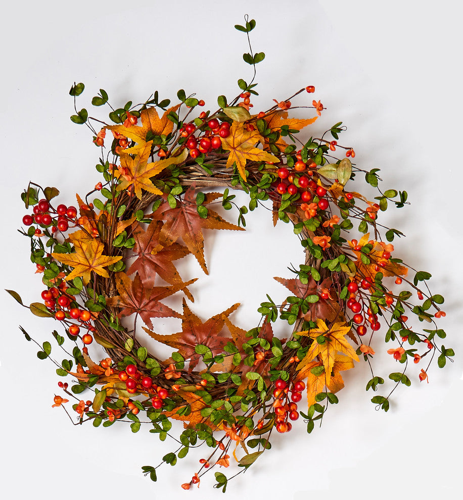 Fall Berry Leaf Wreath On Natural Twig Base, 22"