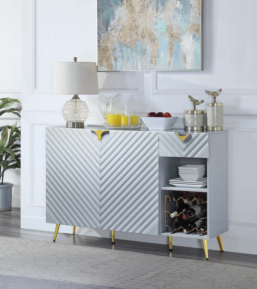 2 Doors and 1 Drawer Wooden Server, Gray High Gloss