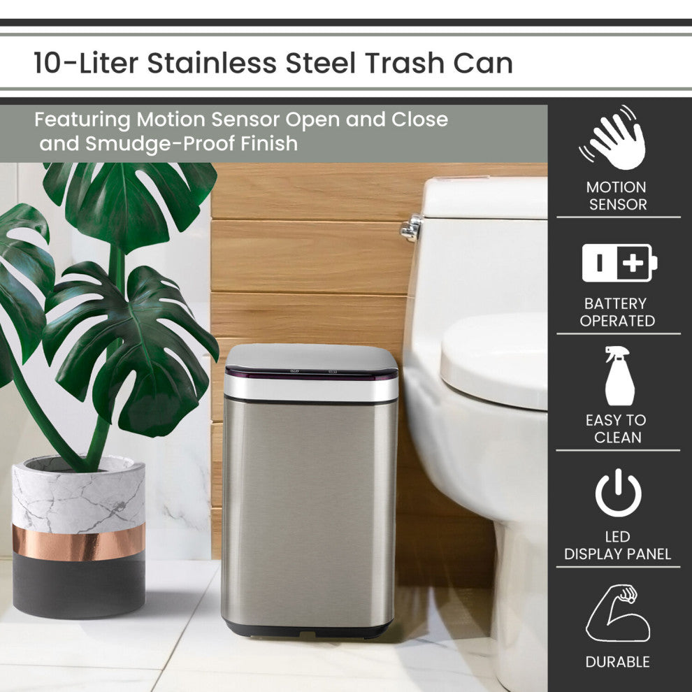 10-Liter / 2.6-Gallon Trash Can With Sensor Lid, Stainless Steel