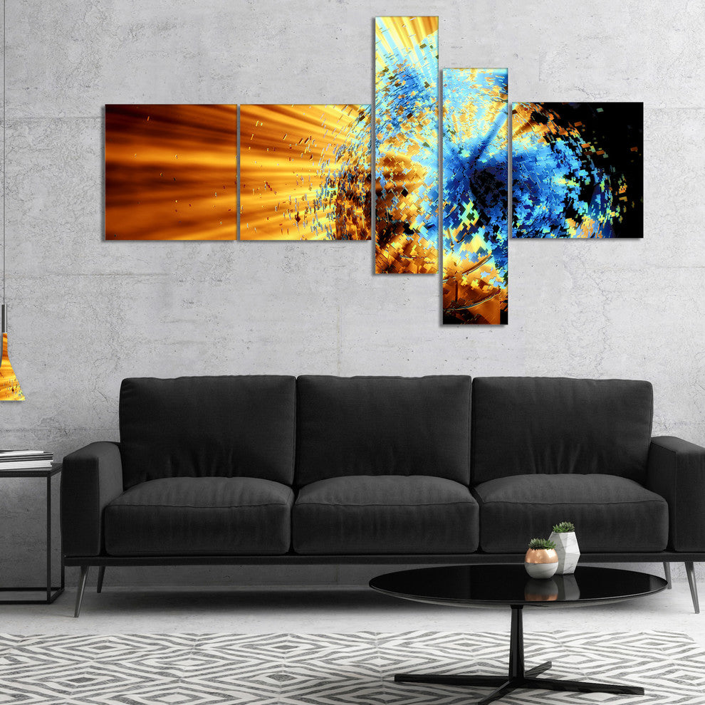 Fractal 3D Blue Brown Burst, Abstract Canvas Art Print, 60"x32", 5 panels