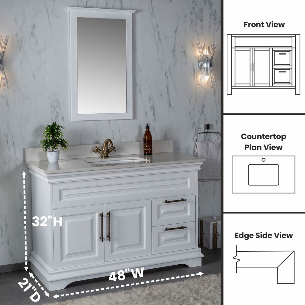 Romana Collection 48" Bathroom Vanity With Sink, Mirror, Countertop, White