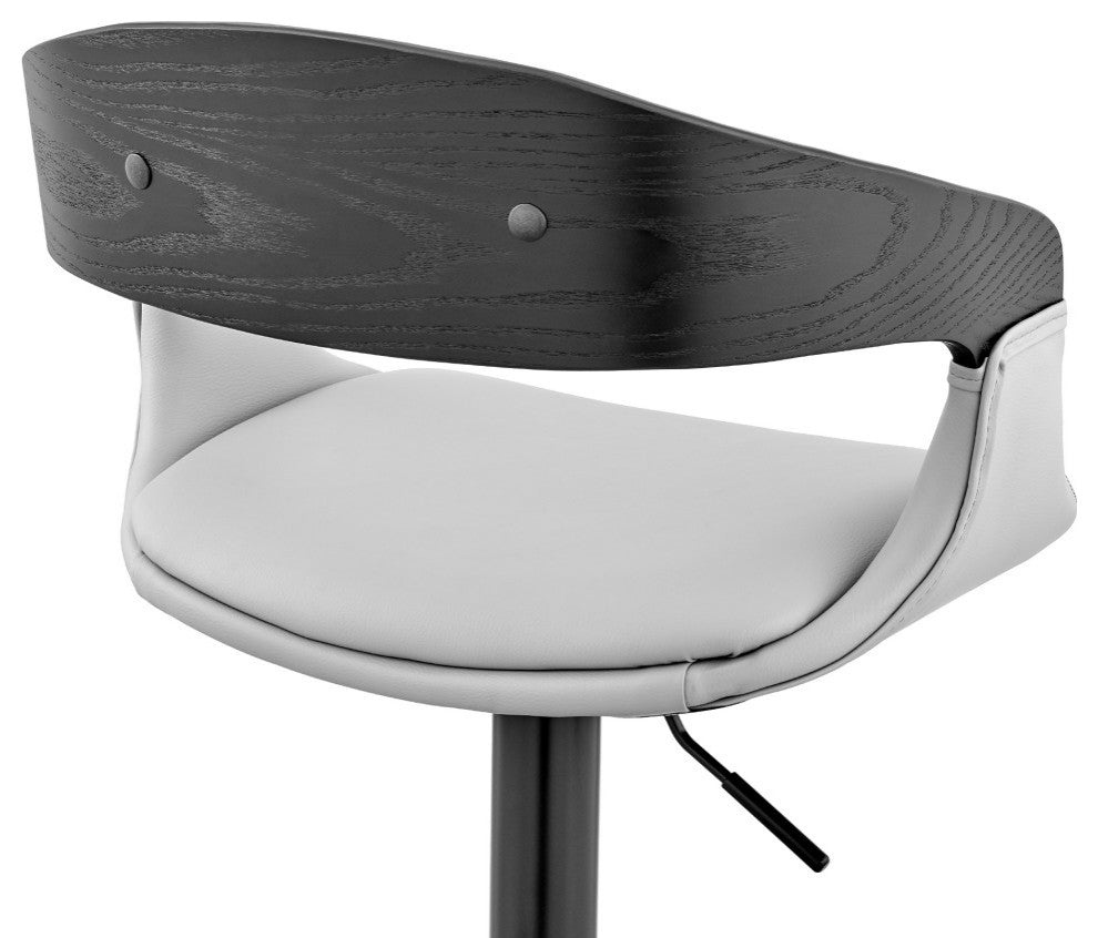 Benson Adjustable Faux Leather and Wood Bar Stool With Metal Base, Gray and Blac