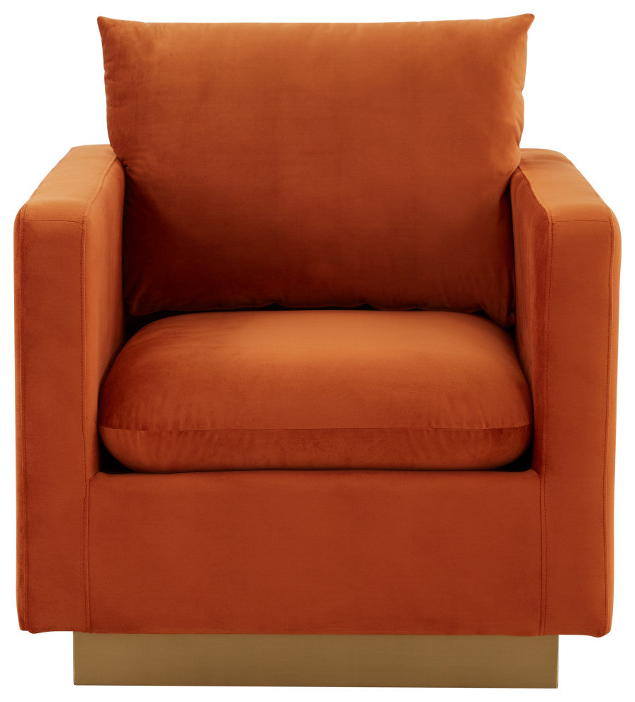 LeisureMod Nervo Modern Velvet Accent Arm Chair With Gold Base, Orange Marmalade