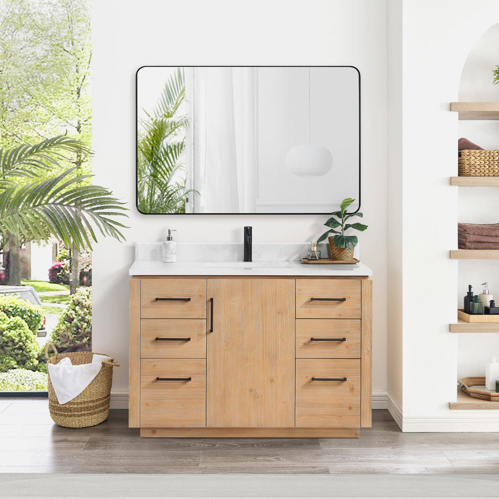 San Bath Vanity with Stone Top, Fir Wood Brown, 48", Single Vanity, No Mirror