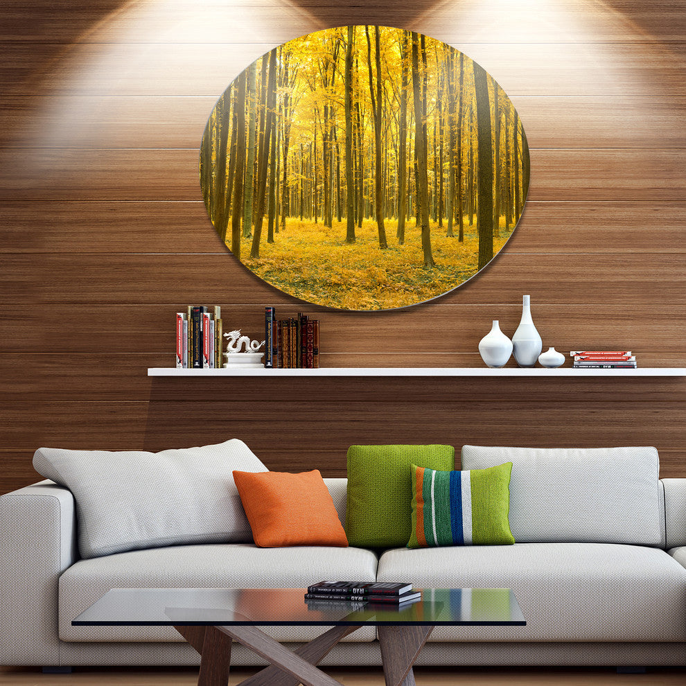 Bright Yellow Autumns Forest, Modern Forest Round Wall Art, 11"