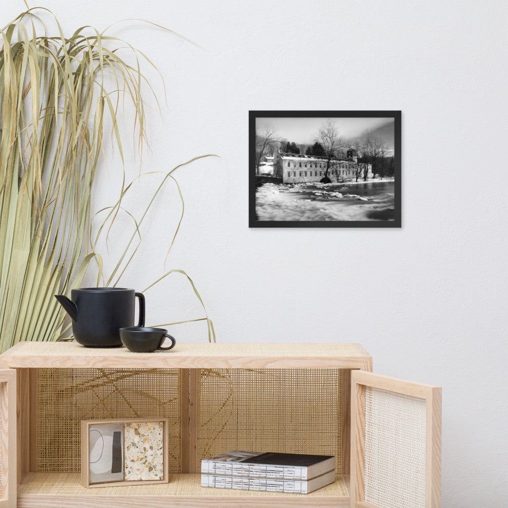 Winter at Powder Mill Rural Landscape Framed Photo Paper Wall Art Prints, Black, 12" X 16"