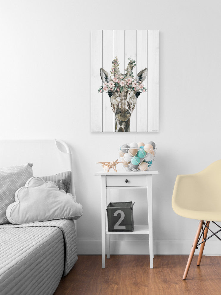 "Floral Crowned Giraffe" Painting Print on White Wood, 8x12