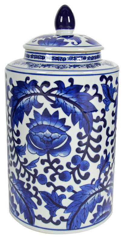 Tall Round decorative Jar With A Lid, White and Blue