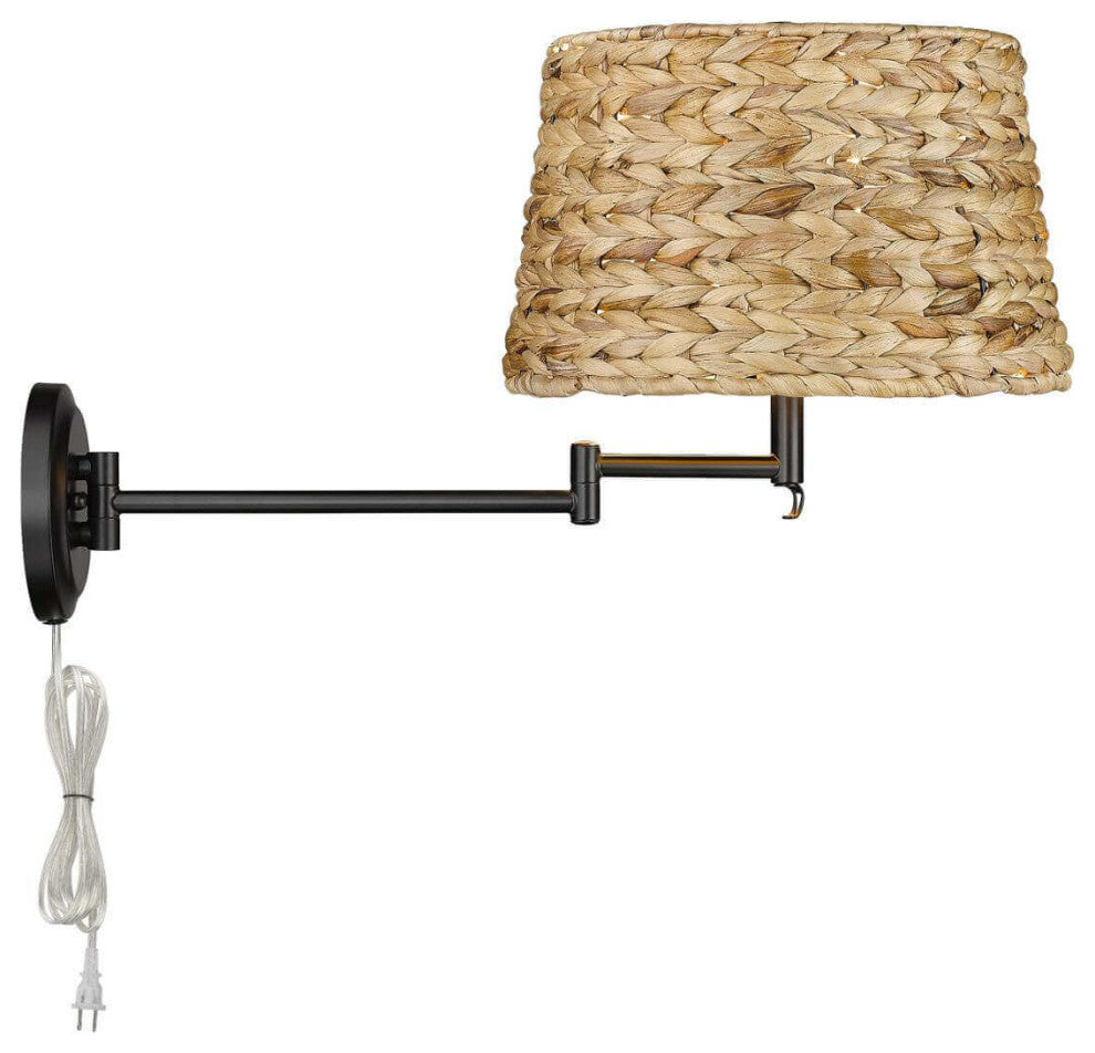 13" Tall Articulating Wall Sconce, Matte Black, Woven Sweet Grass