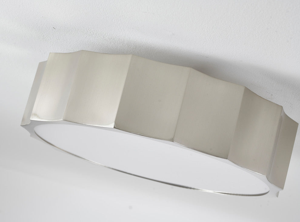 Iron Wave Flushmount Light With White Frosted Acrylic Cover, Shiny Nickel