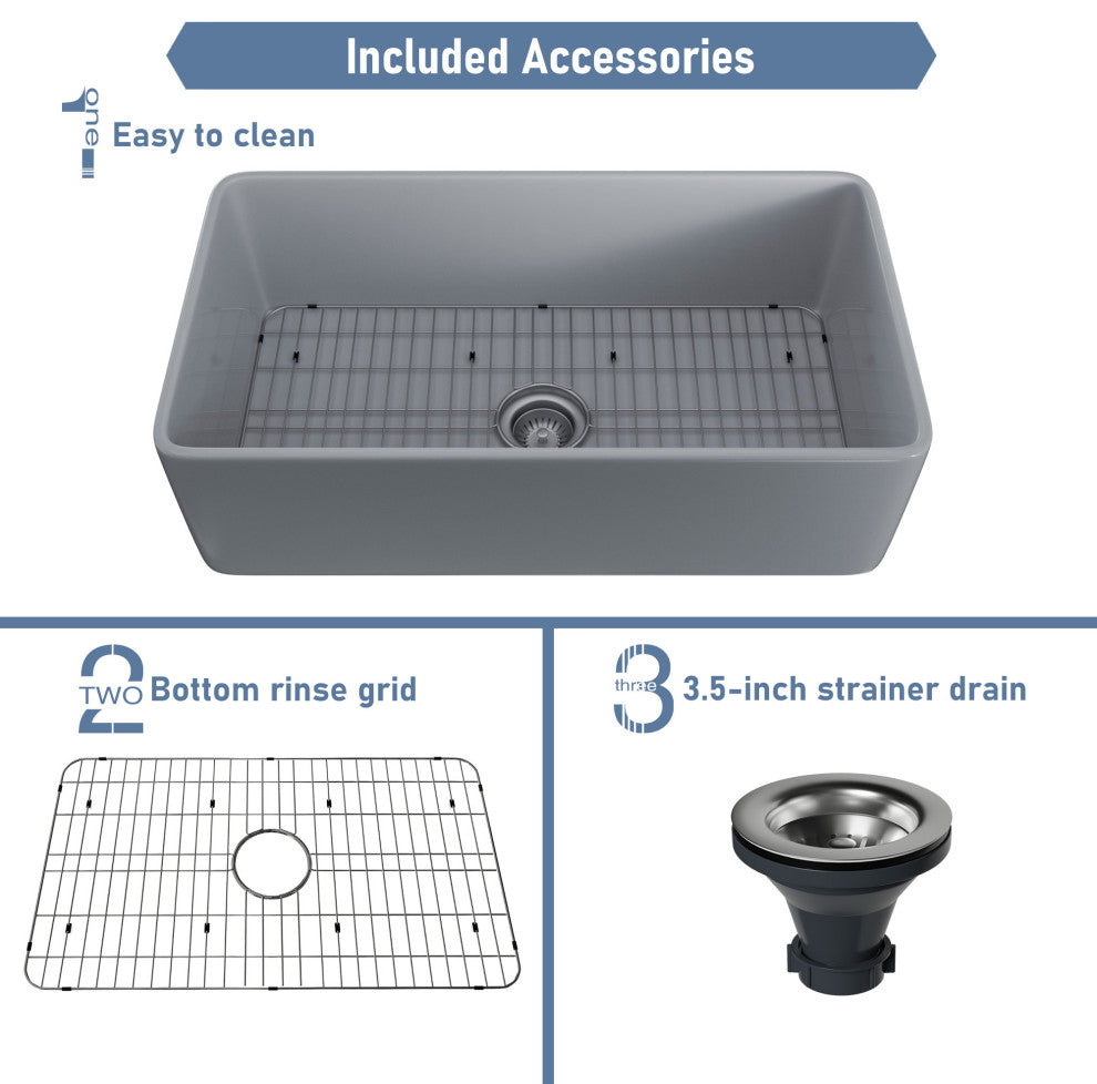 30in Single Bowl Farmhouse Apron Kitchen Sink with Bottom Grid and Strainers, 33