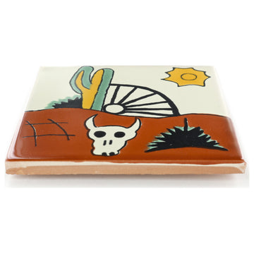 4.25"x4.25" Talavera Mexican Handmade Ceramic Tile, Cactus & Bull, Set of 90